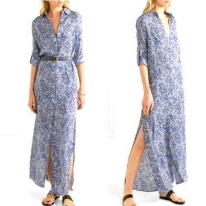 Michael Kors Flattering Georgette Shirt Maxi Dress Blue Coral Mosaic Small